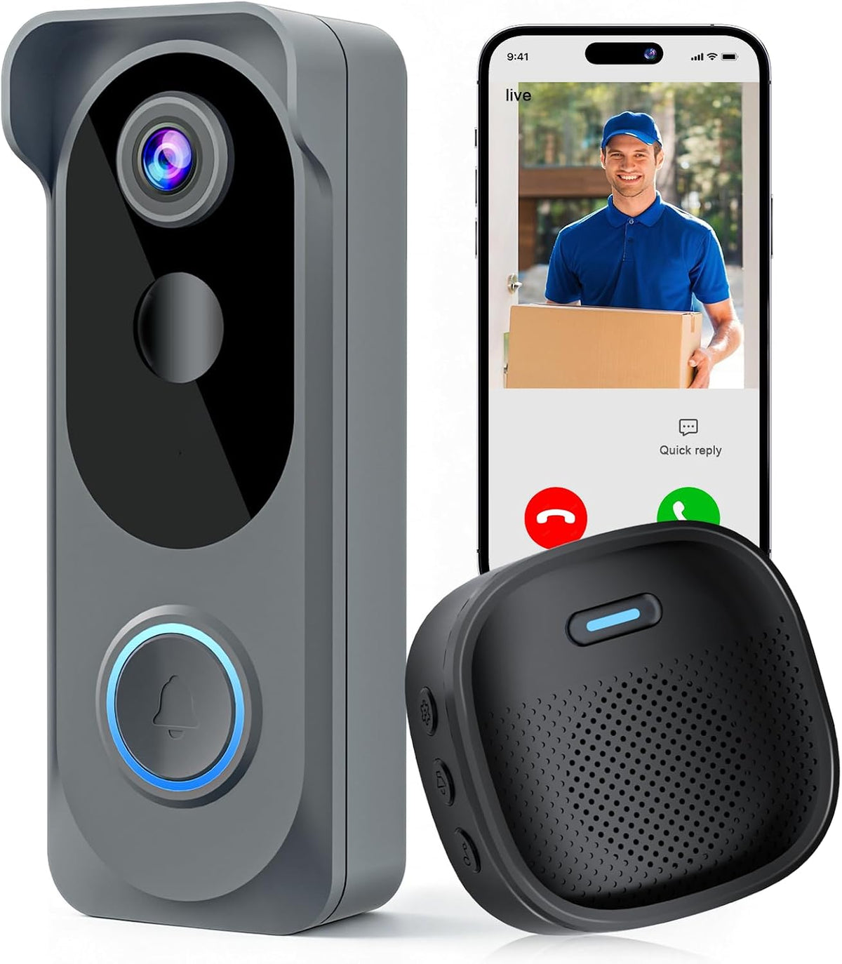 Doorbell Camera Wireless No Subscription Required, 2K HD Battery Powered Smart Video Doorbell with Chime, Wide Angle, Motion Alerts&Two‑Way Talk, Night Vision, Compatible with Alexa ,2.4G WIFI Only
