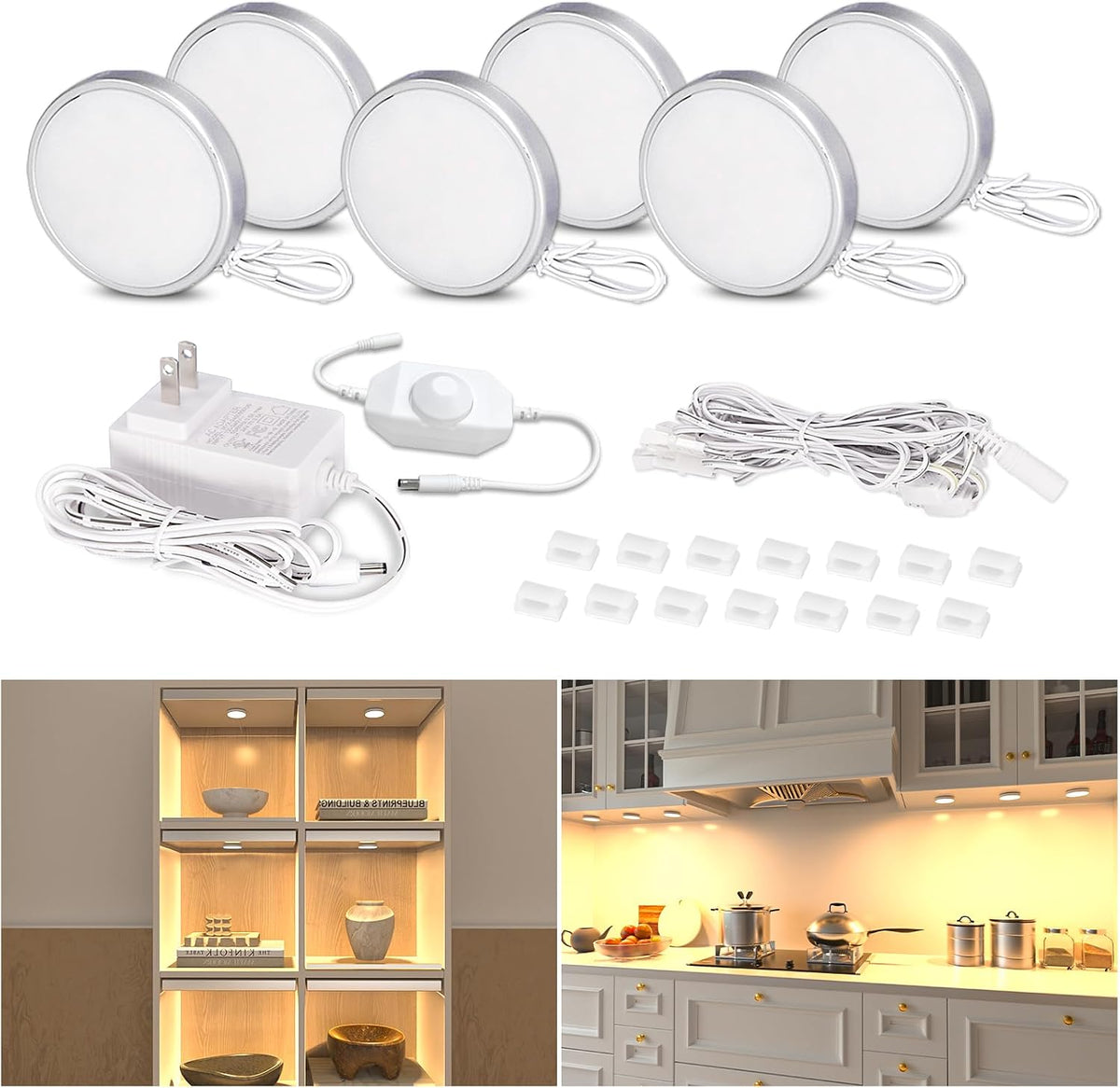 WOBANE LED Puck Lights Plug In, Dimmable under Cabinet Lighting with Switch