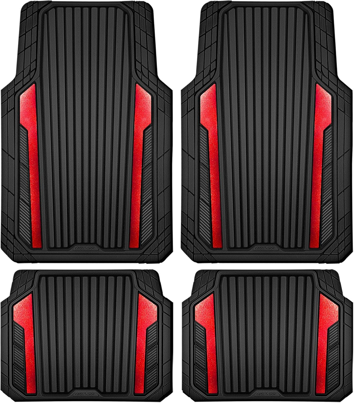 CAR PASS Heavy Duty Rubber Car Mats Metallic, Aluminum Film All Weather Floor Mats Waterproof Universal Trim to Fit Automotive SUV Sedan Van 4 Piece Anodized Deep Dish Two-Tone Sporty Black Red Chrome