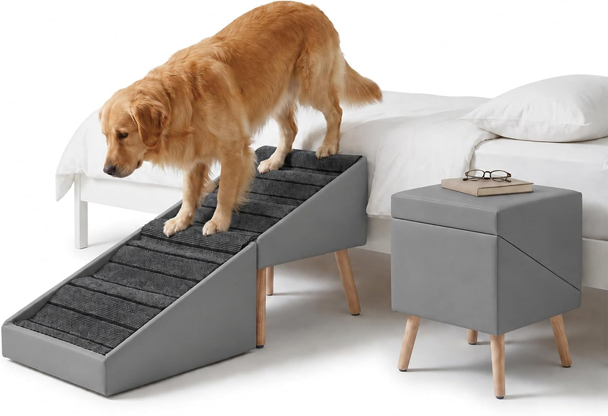 18.5" H Foldable Ottoman Dog Stairs for High Bed Artificial Leather 3-In-1 Dog Ramp for Couch Wood Pet Ramp and Storage for Large Small Puppy Senior Injured Dogs Cat, Grey