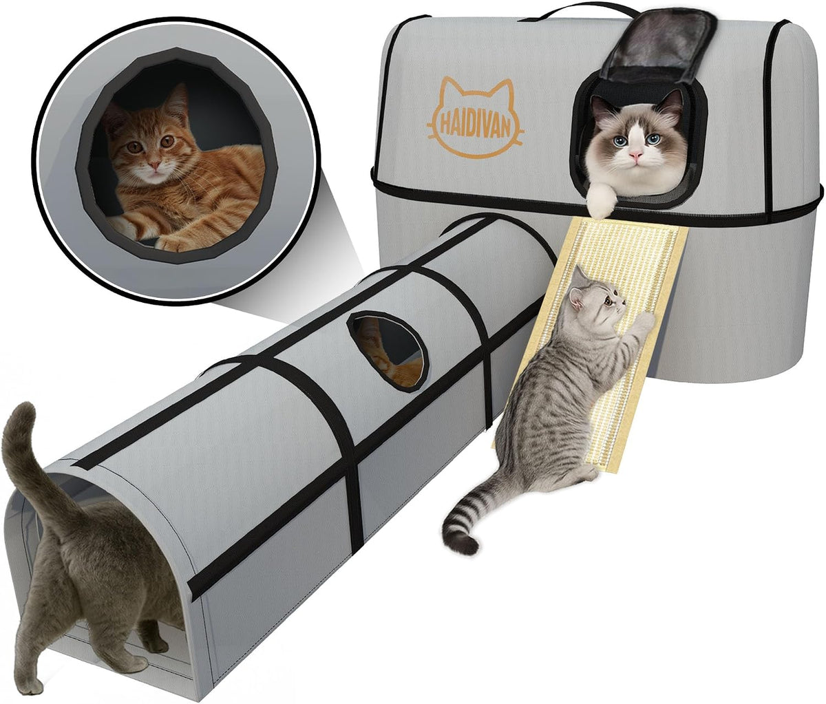 Pet 4-In-1 Cat Tunnel, Carrier, House & Scratcher – Detachable and Combinable – Indoor Beds, Outdoor Use, Cat Toys & Furniture (Gray)