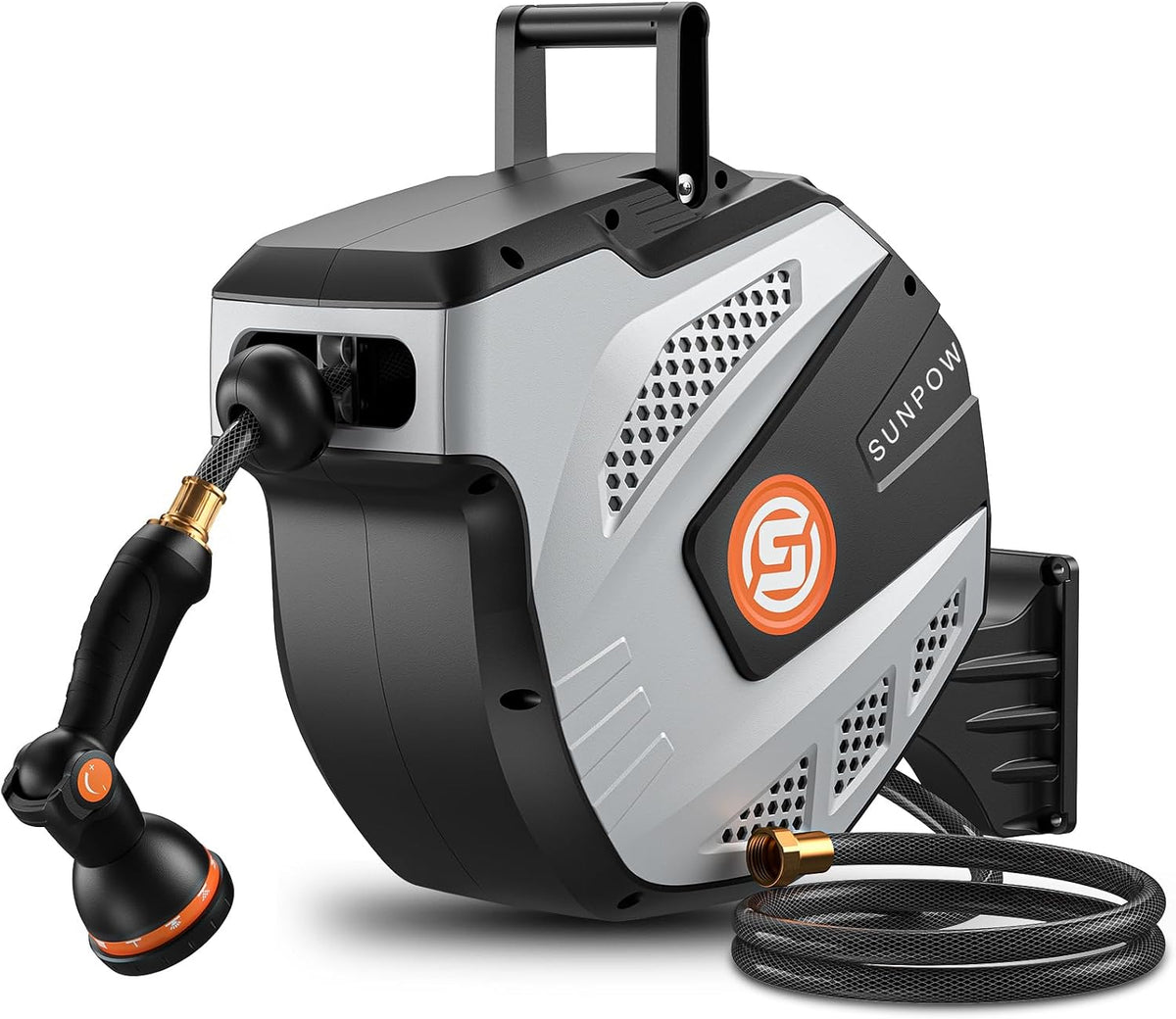 SUNPOW Retractable Garden Hose Reel - 1/2 Inch X 50Ft Heavy Duty Wall Mounted Hose Reel with 3/4 Inch Brass Fitting & 10 Sprayer Nozzle - Any Length Lock, Auto Rewind System, 180ยฐSwivel Bracket- Grey