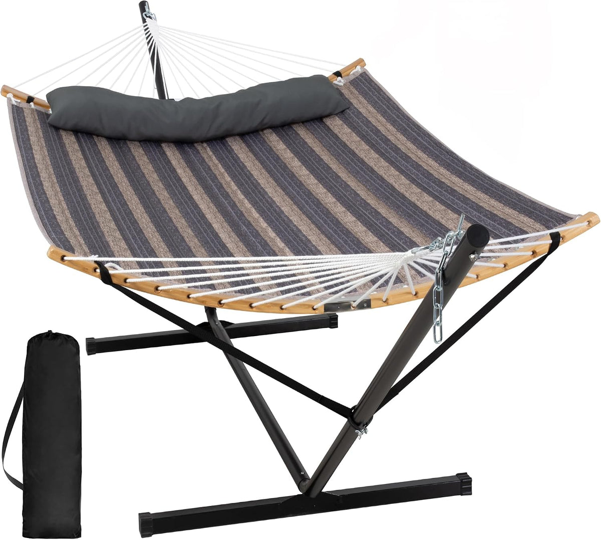 SUNCREAT Hammocks for outside with Stand Included, Gray Stripes