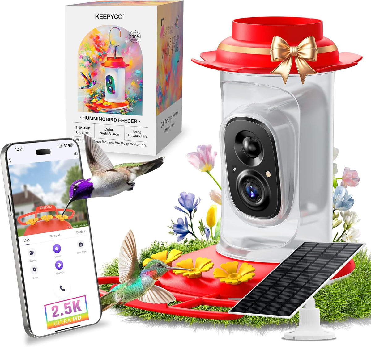 2.5K Hummingbird Feeder with Camera Solar Powered, Wireless Smart Bird Feeders for Outdoors, AI Identify Bird Species, Instant Notification, Ant Moat & Bee-Proof, Gift for Birds Lovers (Red)