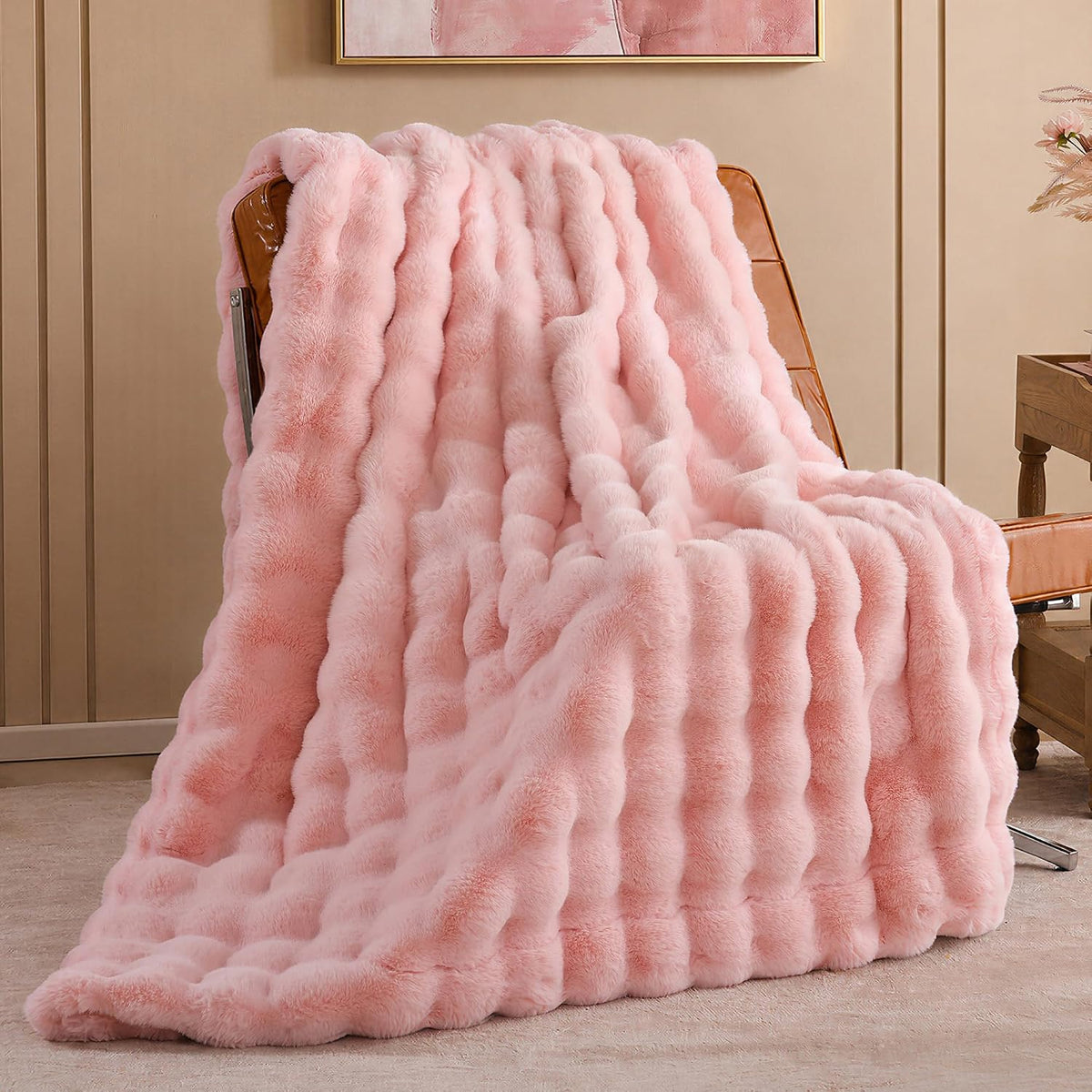 Smoofy Faux Rabbit Fur Throw for Couch - Blush Pink Bubble Blanket 50"X60"