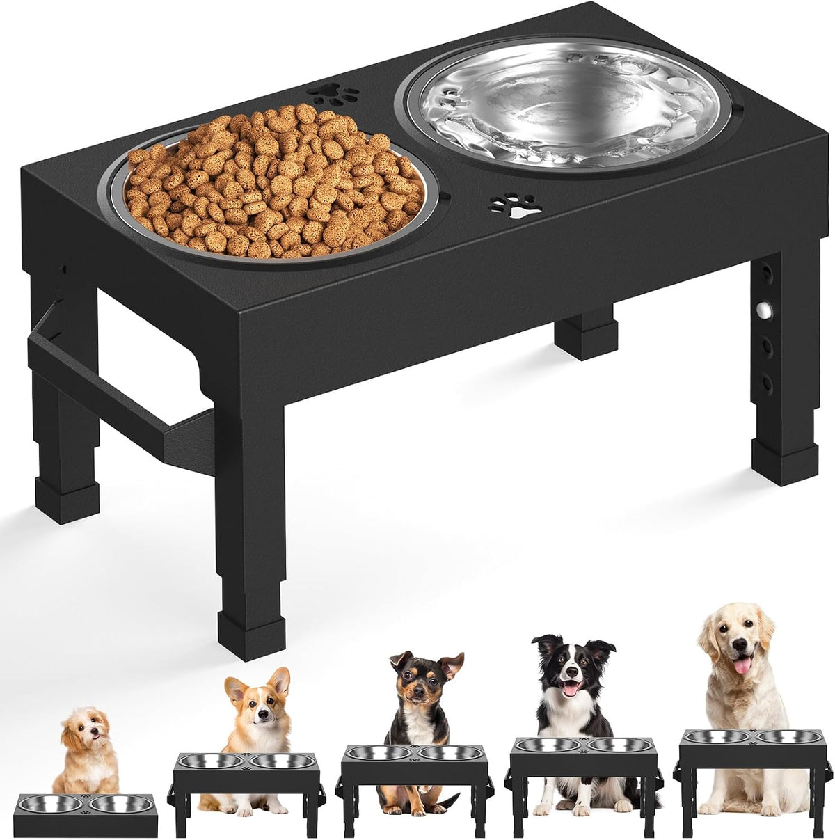 Elevated Dog Bowls, 4 Height Adjustable Raised Bowl Stand with 2 Stainless Steel 7" Food Feeder Bowls for Small Medium and Large Dogs (Plastic)