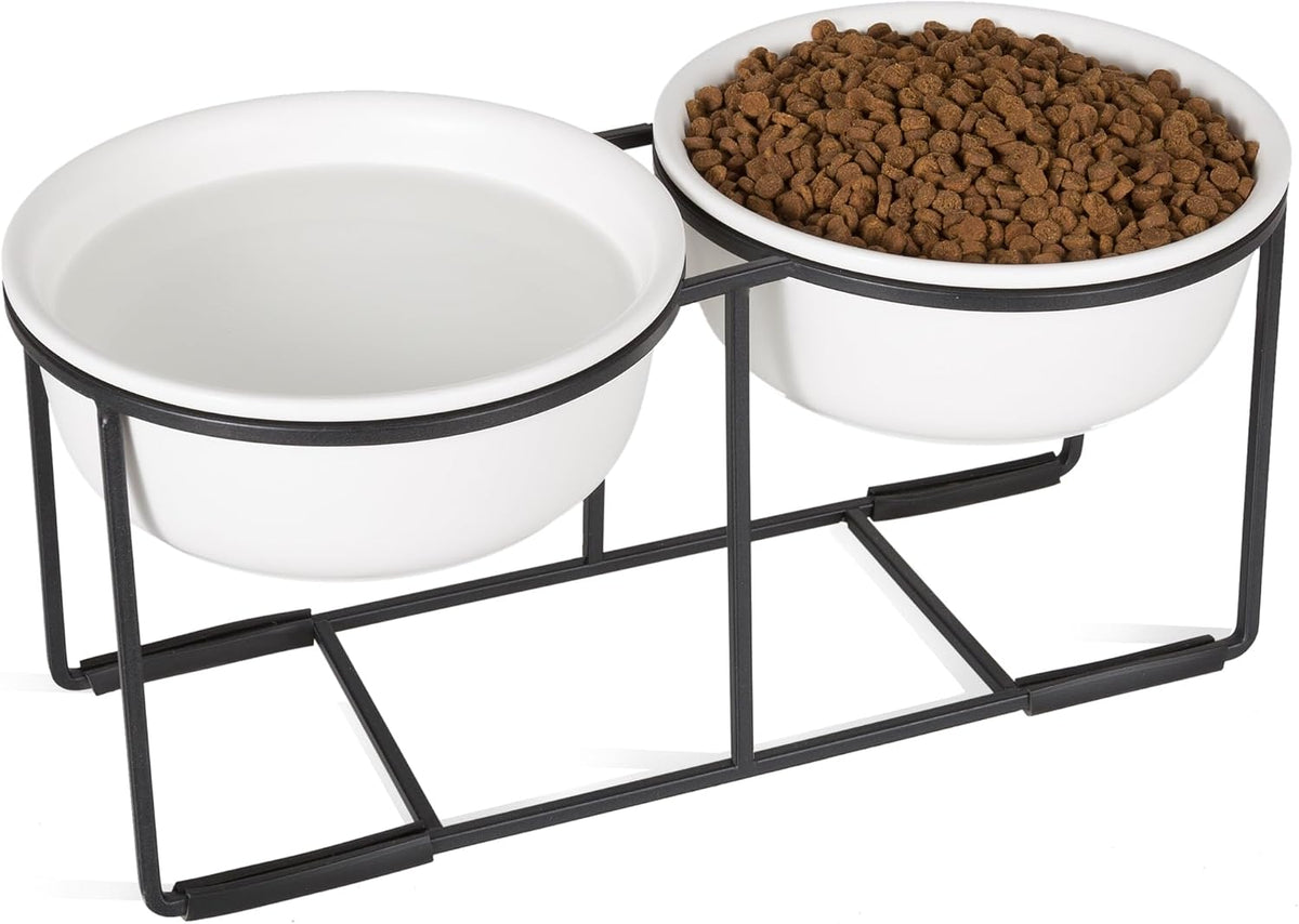 Ceramic Elevated Dog Bowls with Stand - Raised Dog Bowls for Medium Dogs - Double Pet Food and Water Dishes Set with Anti-Slip, Non-Tip Metal Stand, 24.3 Fl Oz - Matte White