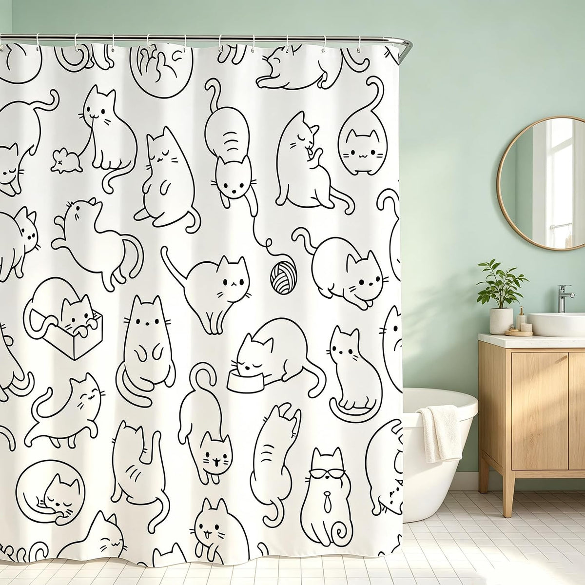 Icosamro Cat Shower Curtain for Bathroom, Black and White Funny Cute Kittens Shower Curtain Anime Long Cloth Fabric Waterproof Curtains, 71X72 Inches