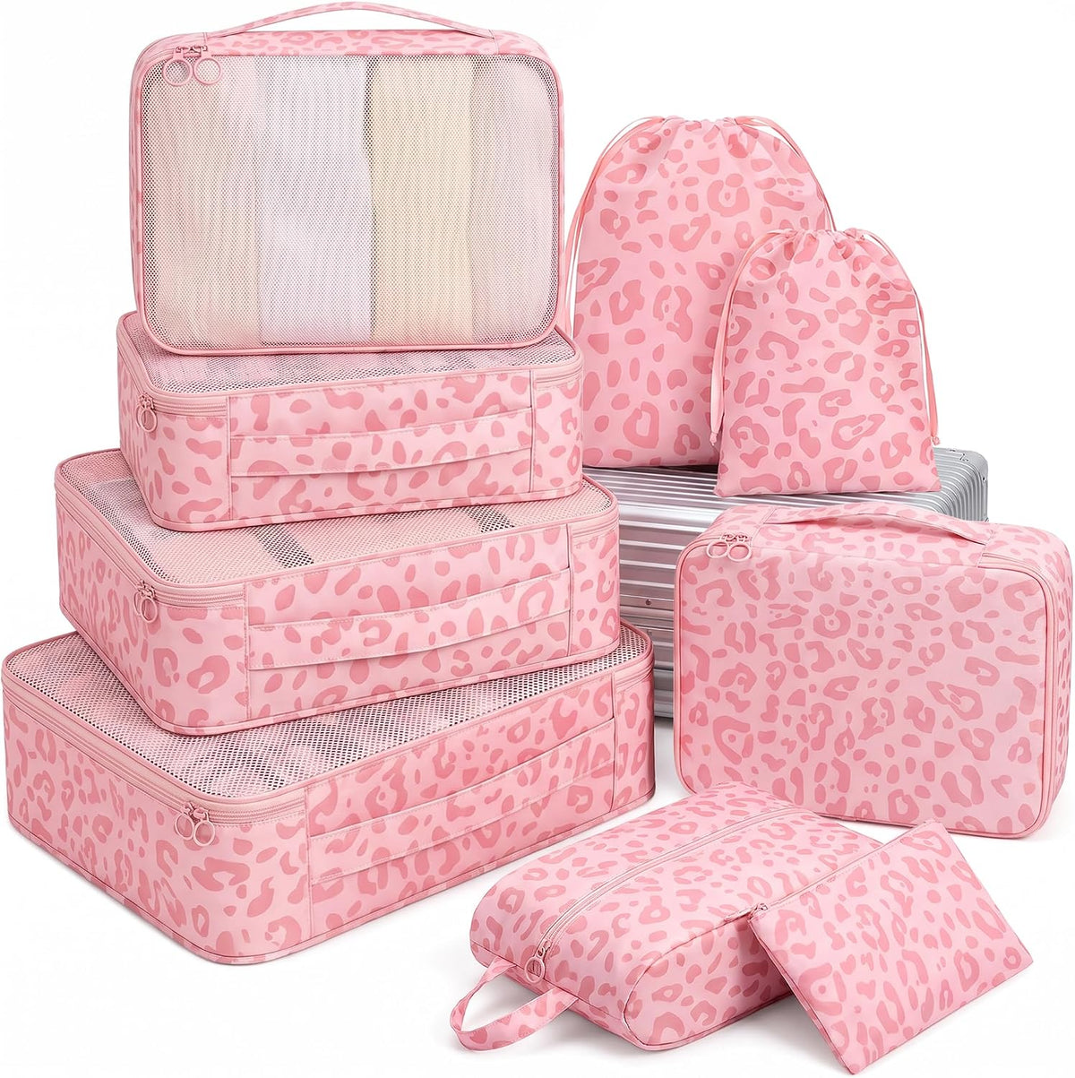 9 Set Packing Cubes for Travel Essentials - Lightweight Carry-On Luggage Organizer Bags with Shoe, Clothes & Laundry Bags for Airplane, Family & Business Travel, Pink Leopard Print