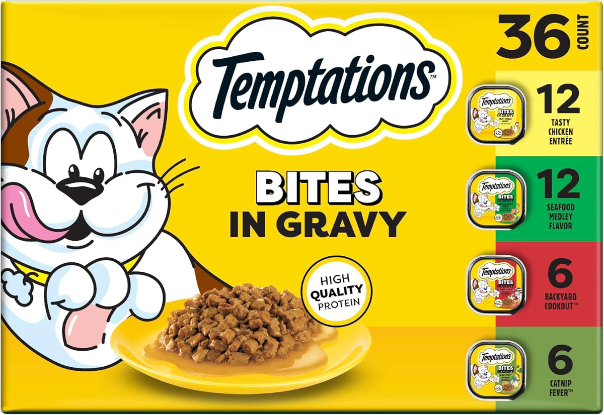 Temptations Bites in Gravy Adult Wet Cat Food Tasty Chicken Entree, Seafood Medley, Backyard Cookout, and Catnip Fever, 3.5 Oz. Trays (36 Count, Pack of 1)