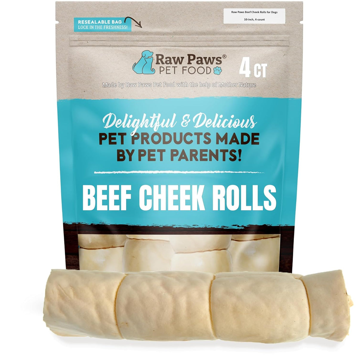 Raw Paws Beef Cheek Rolls for Dogs, 10-Inch (4-Count) - Rawhide Alternative