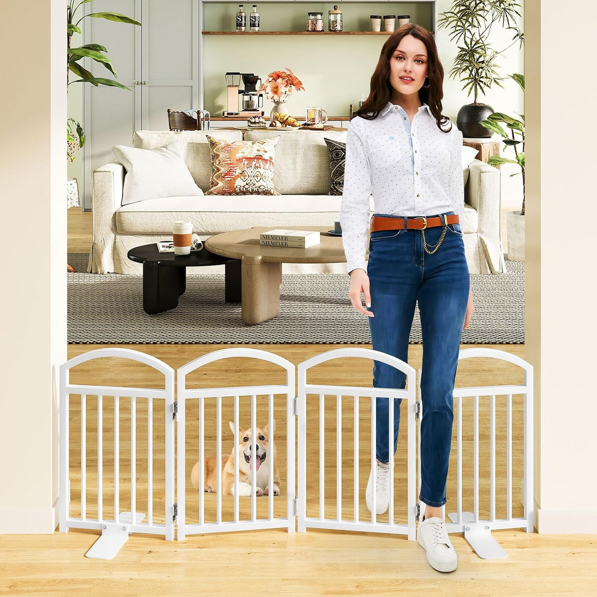 Snughome Short Dog Gate Indoor, 19.69" H Freestanding Small Dog Door Gates with Support Feet, Expands up to 48" Wide Foldable Pet Gates for Doorway, 4 Panel Folding Pet Door Pet Fence for Puppy, White