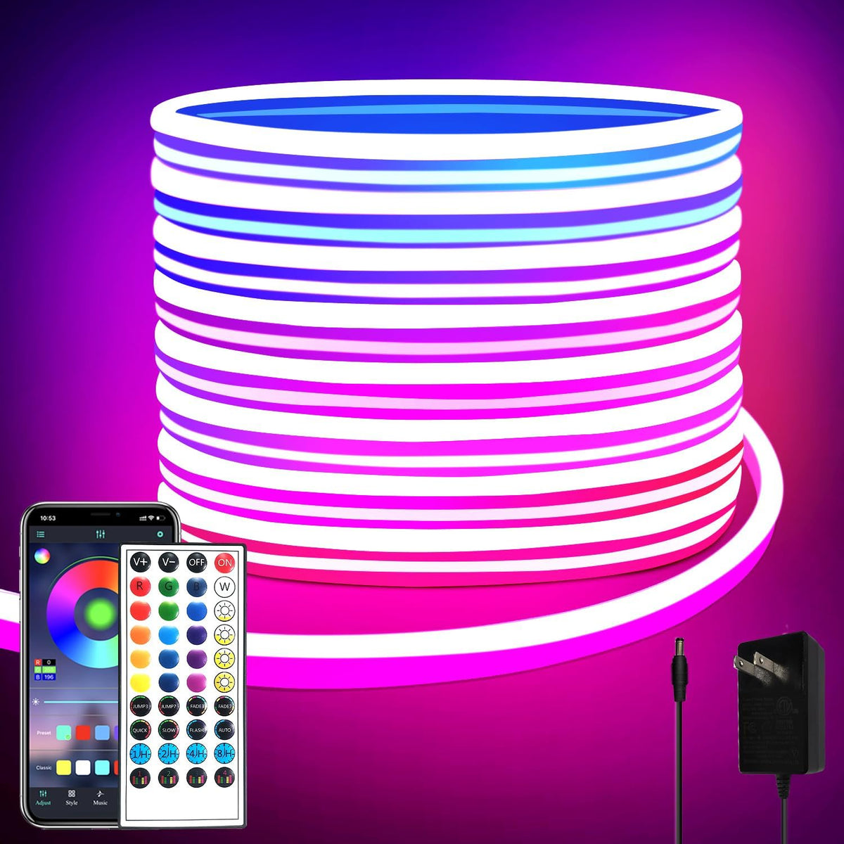 Segrass 32.8Ft LED Neon Lights with Remote APP Control IP65 Waterproof Flexible Neon Strip Lights 24V RGB Rope Lights for Bedroom Room Outdoors Décor