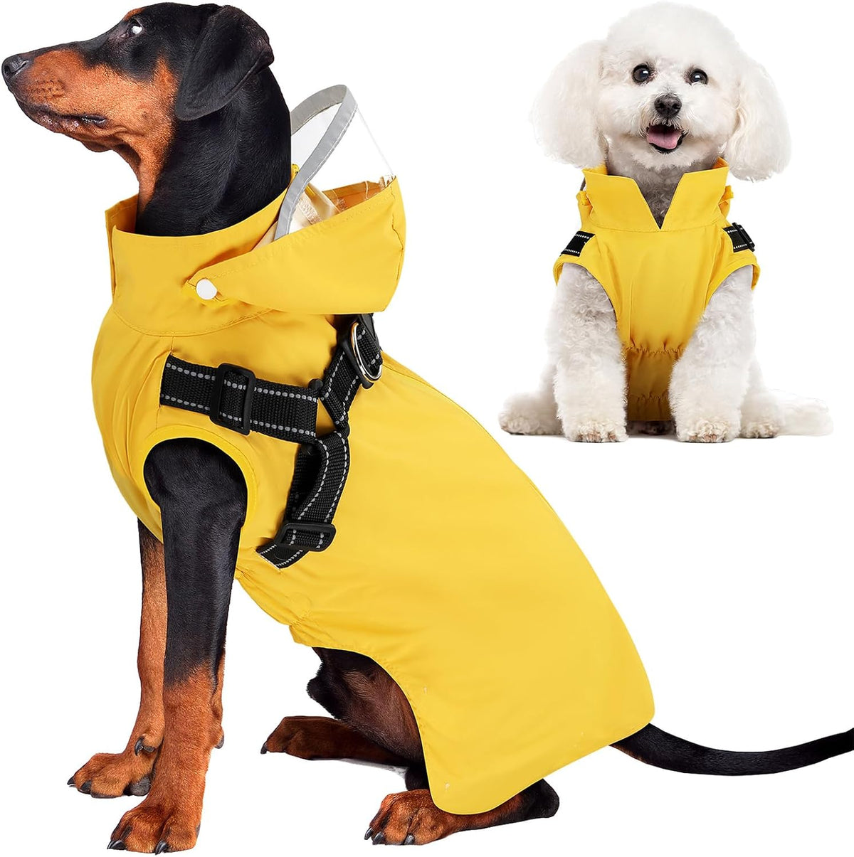 Slowton Dog Raincoat Waterproof, with Harness Built in & Hood, Yellow, S
