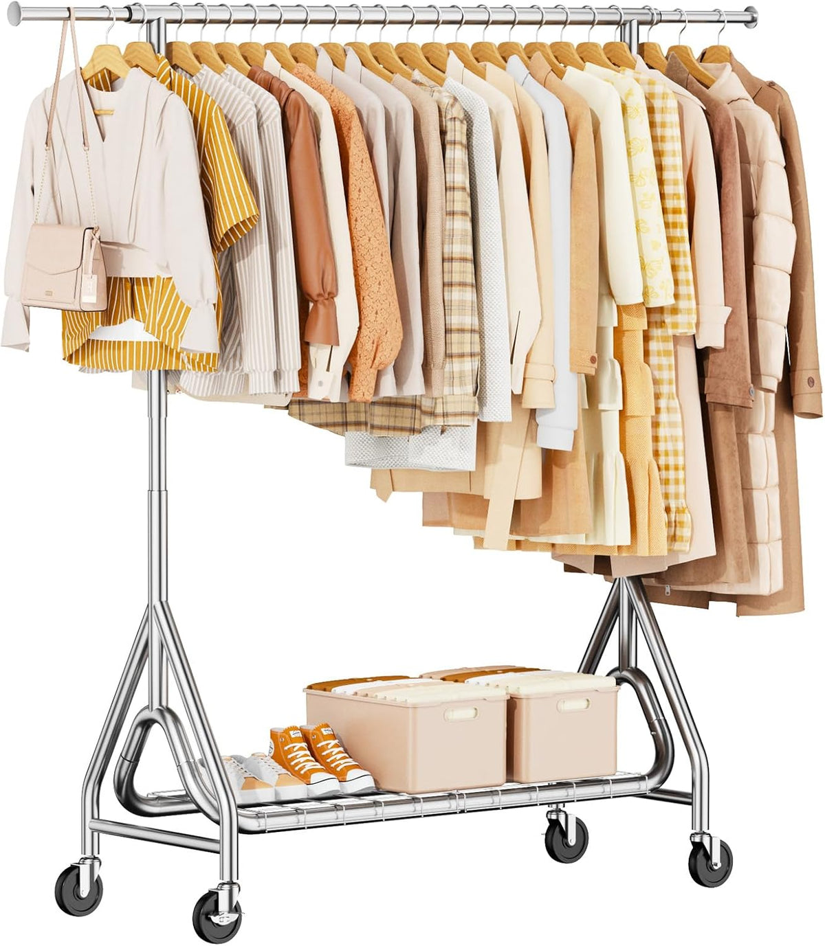 Heavy Duty Clothes Rack for Hanging Clothes with Wheels, Silver