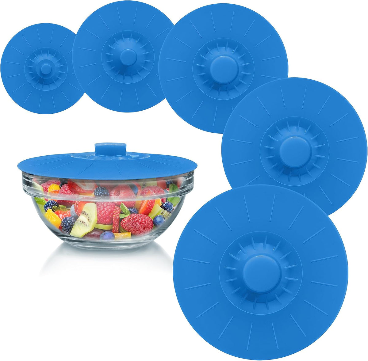 Silicone Bowl Lids Blue Set of 5 Reusable Suction Seal Covers for Bowls, Pots, Cups. Food Safe. Natural Grip, Interlocking Handles for Easy Use and Storage.