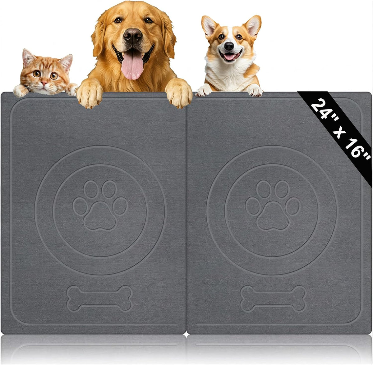 Stone Dog Food Mat, 24" X 16" Large Absorbent Pet Feeding Mat