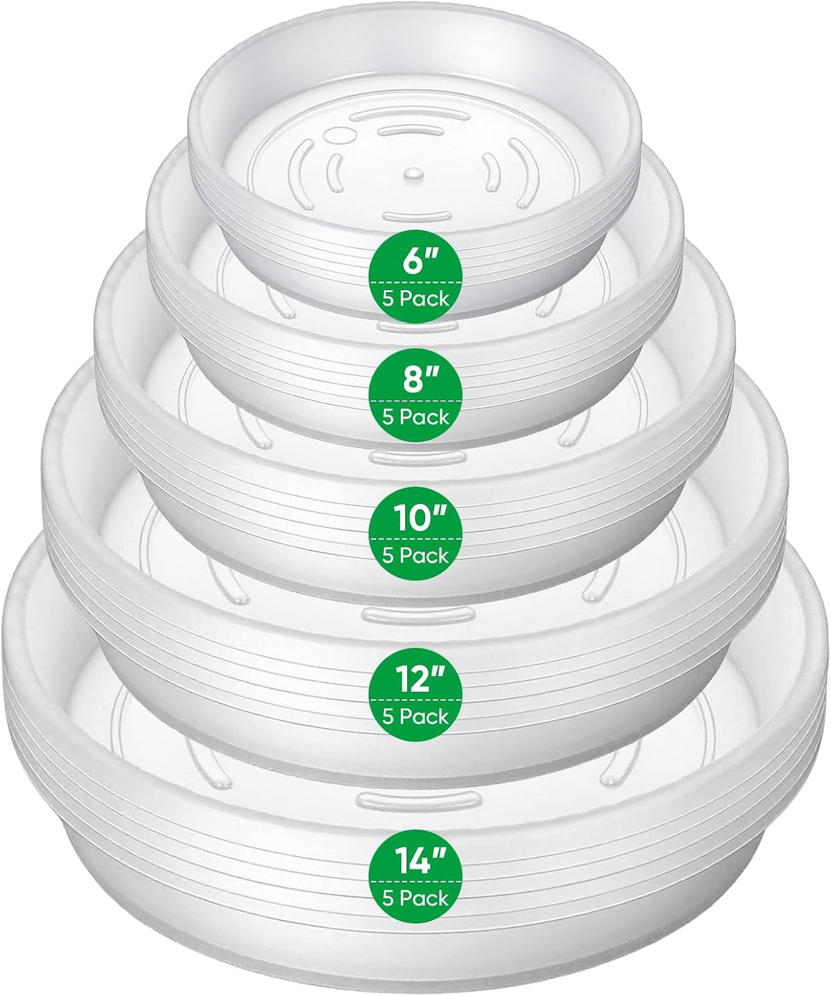 25 Pack Plant Saucer Tray, 6/8 / 10/12 /14 Inch Heavy Duty Flower Pot Trays, Plastic Plant Saucer for Indoor & Outdoor Plants, Plant Trays to Catch Water, 5 Pieces of Each Size