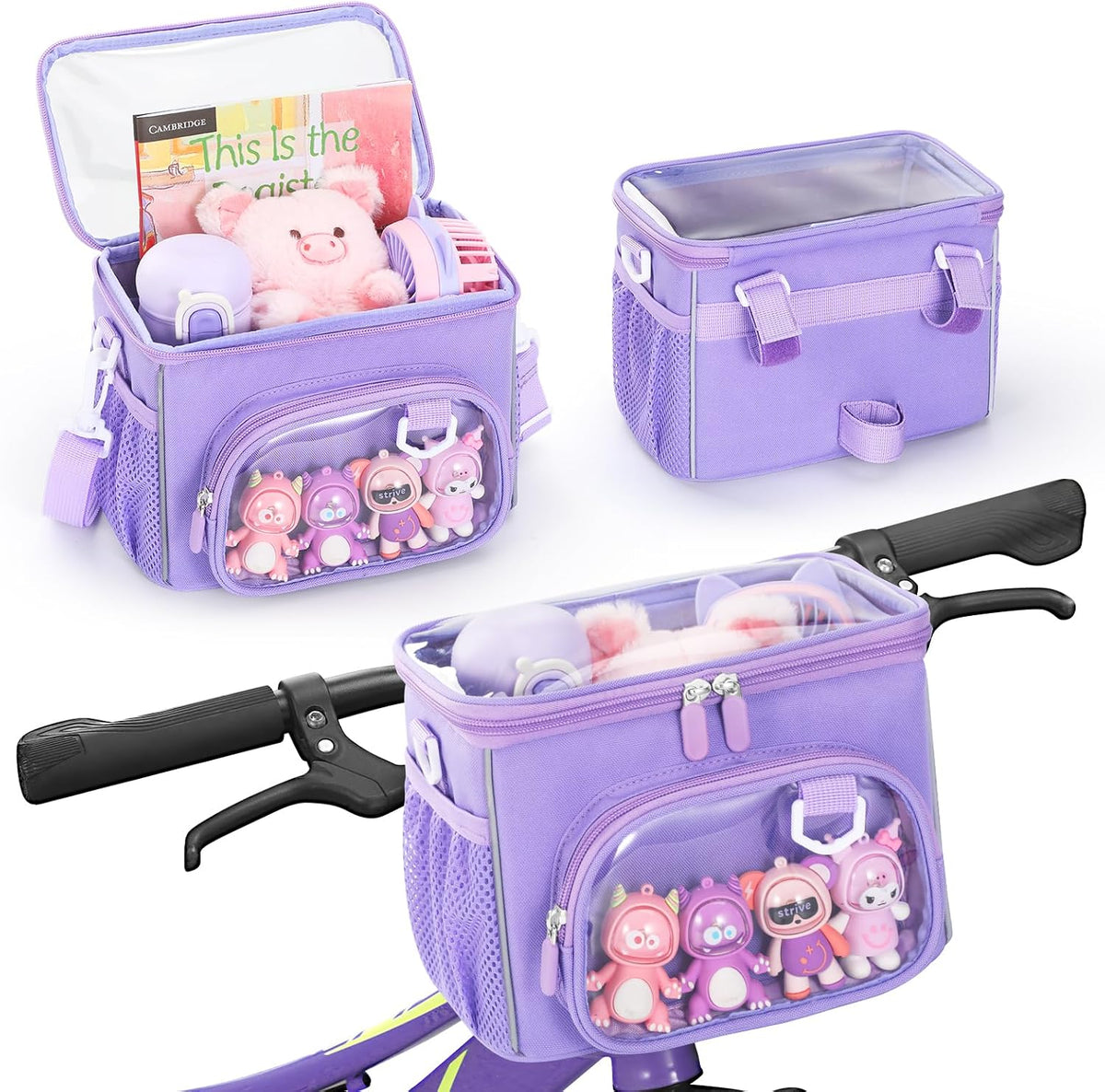 Large Capacity Waterproof Kids Bike Basket, Handlebar Bag with Reflective Strip & Transparent Phone Pocket, Convertible Shoulder Bag for Boys Girls, Scooter Front Basket
