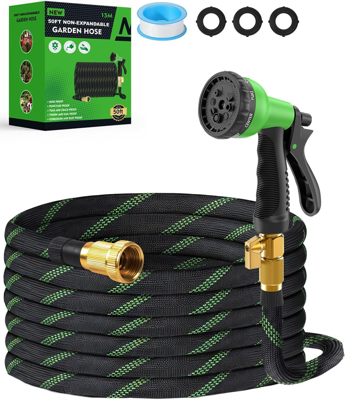 50Ft Garden Hose,Non-Expandable Water Hose with 8 Function Spray Nozzle, Burst-Resistant,Kink-Free,Lightweight,Durable & Flexible 3/4" Garden Hose for Gardening, Yard,Lawn, Car Washing