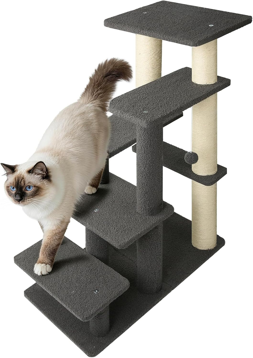 5-Step Pet Steps for Cats/Dogs, Cat Stairs with Sisal Scratching Post, Cat Steps for Older Cats with Enlarge Perch, Pet Stairs for High Bed and Couch, Gray
