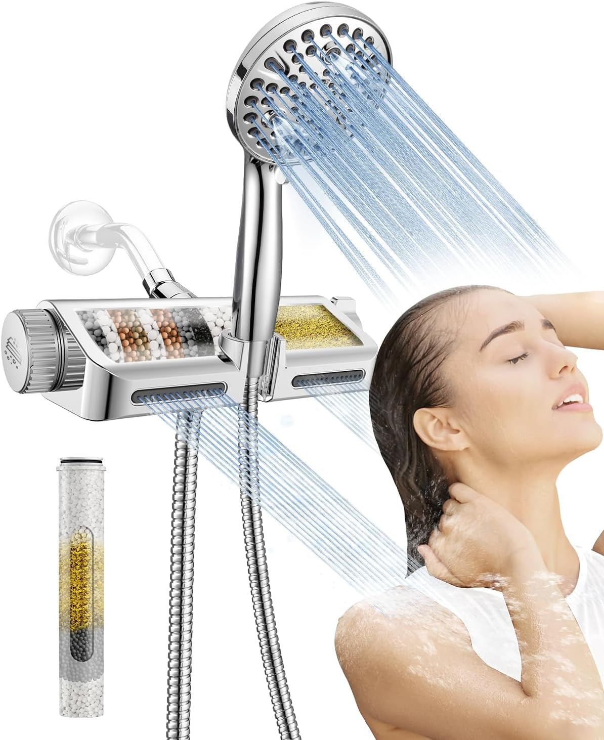 Makefit Filtered Shower Head with Handheld Combo - Dual 2-In-1 Spa System with Massage Shower and 10 Modes Hand Held Shower High Pressure with Built in Power Wash Mode (Chrome)