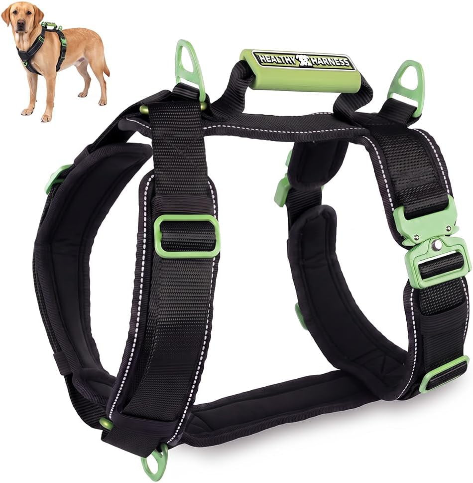 Ultimate Urban Dog Harness - Heavy Duty Design, No Choke, No Pull. Adjustable, Comfy Padding, Easy On/Off, Metal Hardware, Emergency Handle and 3 Connect Points (Black, L)