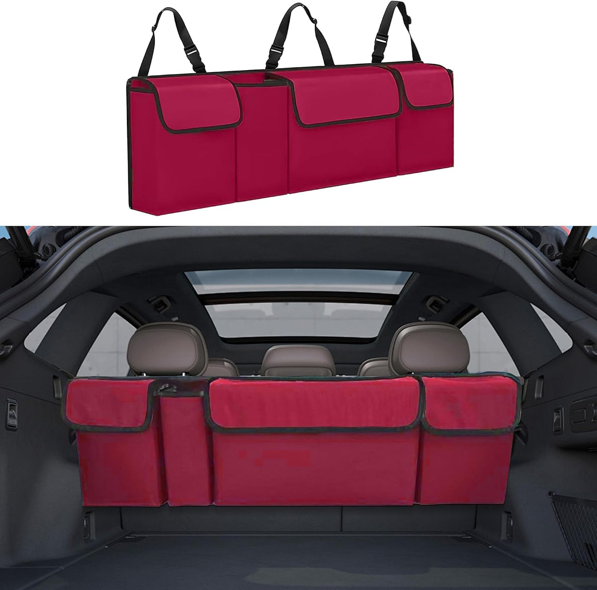 Car Trunk Organizer, Backseat Hanging Large Storage with Adjustable Straps,Waterproof PVC Collapsible Cargo Bag, Car Interior Accessories for Auto SUV MPV (Red)