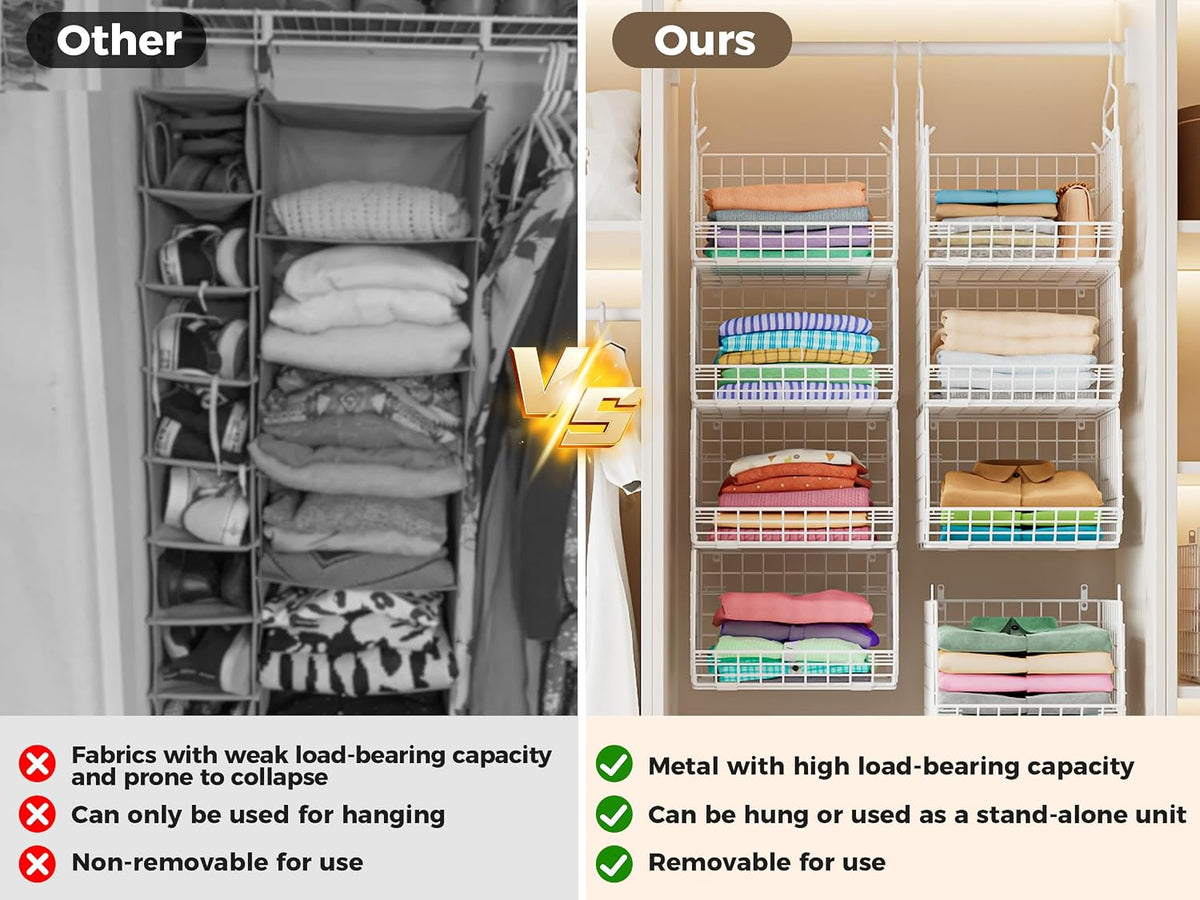 4" Extra Deeper Foldable Hanging Closet Organizer, Small Wire Cabinet Shelves and Storage with 5 S Hooks,4 Tier Metal Basket Bins for Clothes Sweaters Handbags, Wardrobe for Kitchen Laundry Room,White