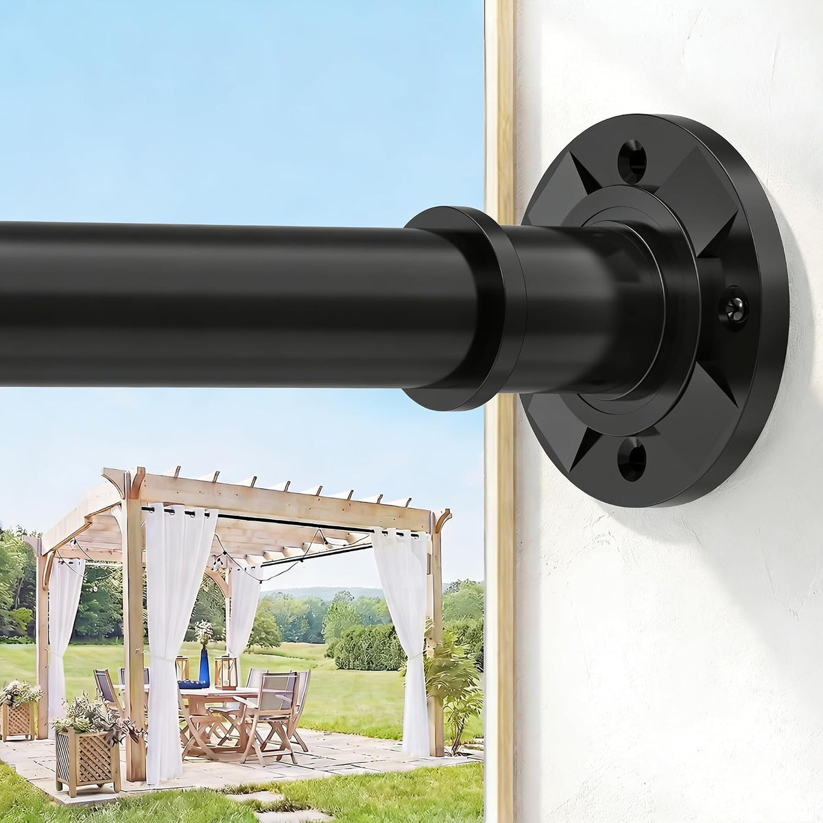 Outdoor Tension Curtain Rod No Drilling 31 to 112 in Extra Long Shower Curtain Rods for Bathroom Patio Windows Room Divider Rustproof Stainless Steel Adjustable Pole Heavy Duty Spring Black Anti-Slip