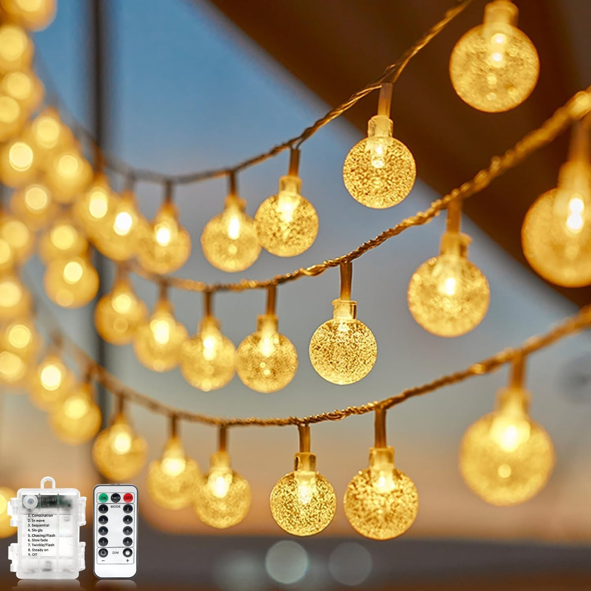 Battery Operated Globe String Lights,Water Proof 33 FT 80 LED Crystal Ball String Lights 8 Modes with Remote Control ,Indoor Outdoor LED Fairy Lights for Home, Christmas, Party Patio, Warm White