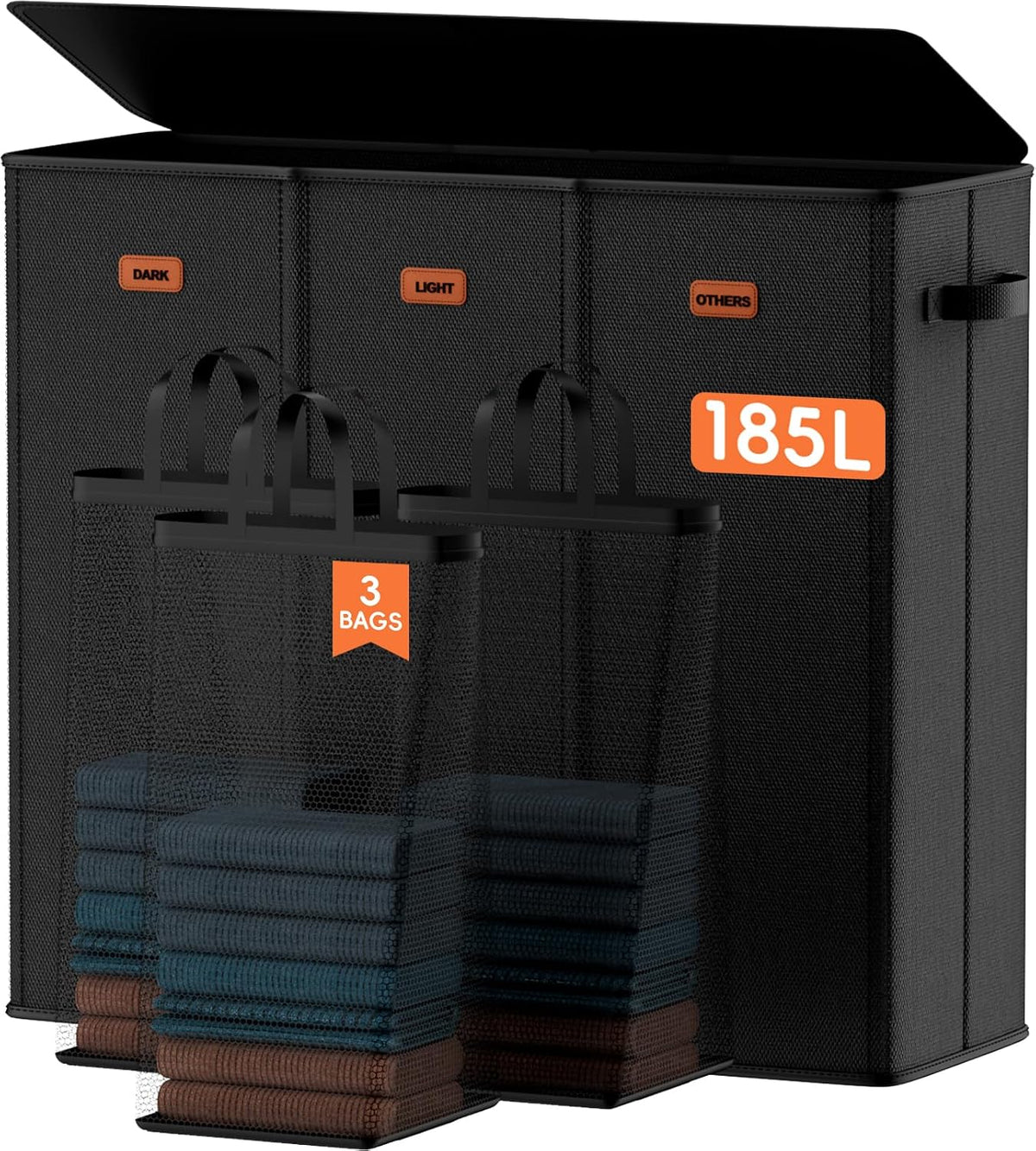 Laundry Hamper 3 Section, XL Clothes Hamper with Lid & Inner Bag, Black