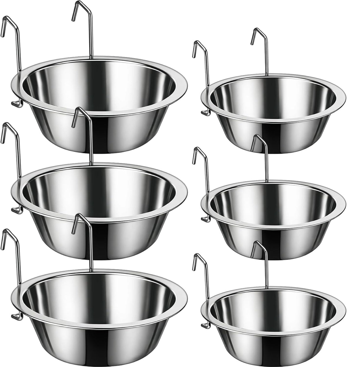 6 Pack Hanging Dog Kennel Bowls, No Spill Crate Water Bowl Food Feeder for Cage Removable Coop Cup with Hook Holder for Puppy Small Cat Ferret Rabbit Stainless Steel Dogs Dish 10 & 20Oz