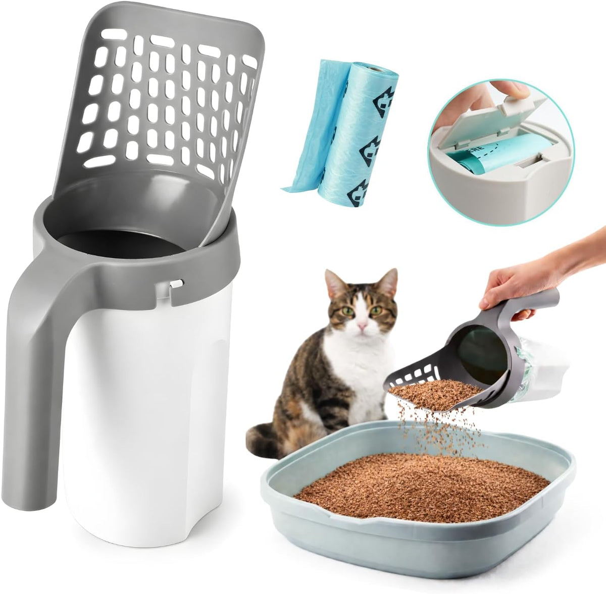 Cat Litter Scooper with Holder - Cat Litter Scoop | Kitty Litter Shovel | Litter Scooper with Bag | Shovel with Waste Can and Refill - Leak Resistant & Odor Blocking Design