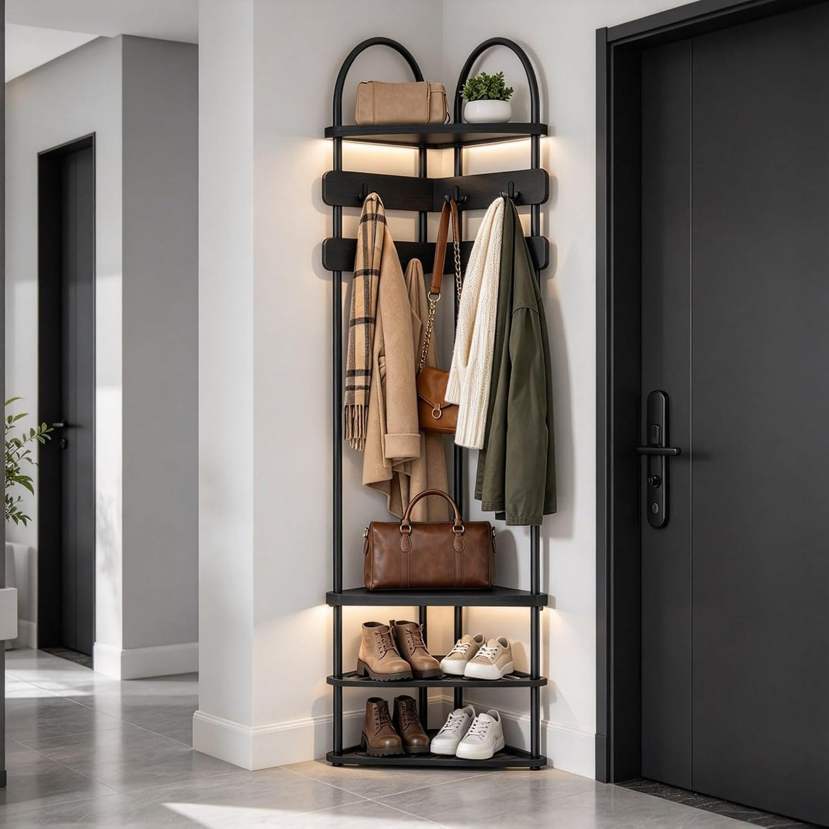 Corner Hall Tree for Entryway, Coat Rack with Shoe Storage and Bench, Black