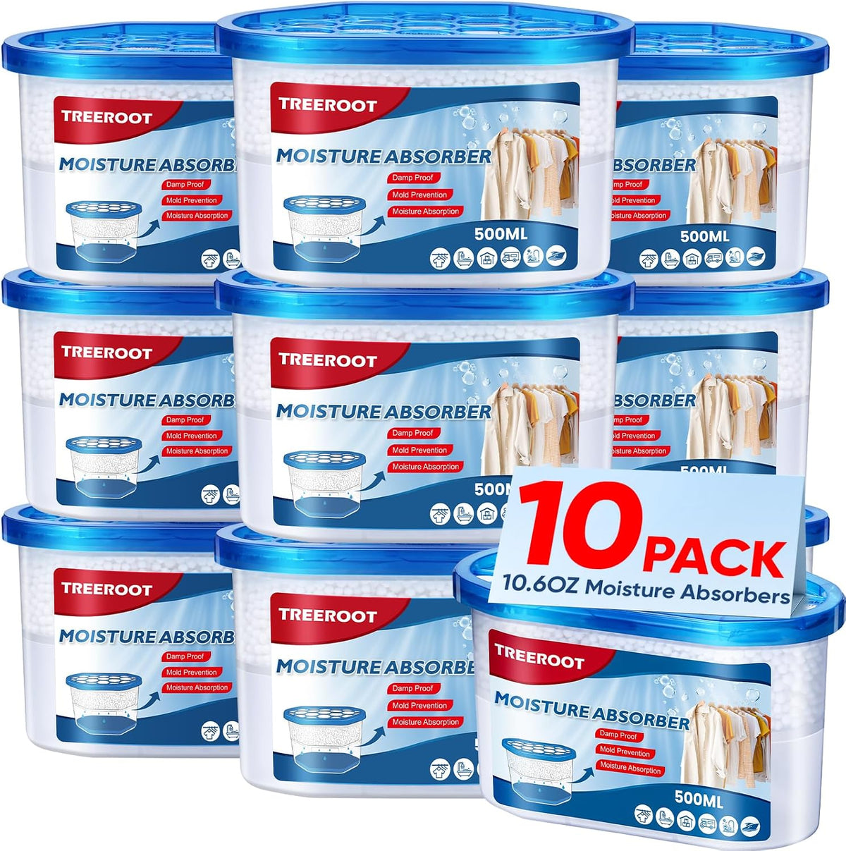10 Pack Moisture Absorbers for Closet, 10.6 Oz Humidity Absorber Bucket