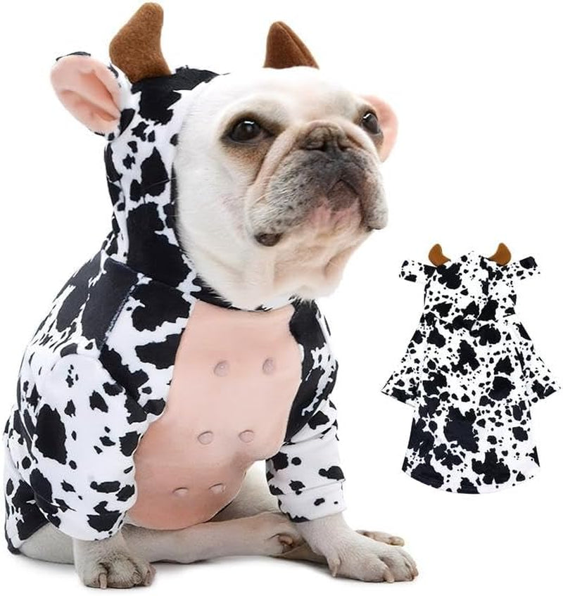 DELIFUR Dog Halloween Cow Costume - French Bulldog Adorable Cow Holiday Outfit Cute Hoodie Halloween Cosplay Animal Costume for Medium Dog (Cow, X-Large)