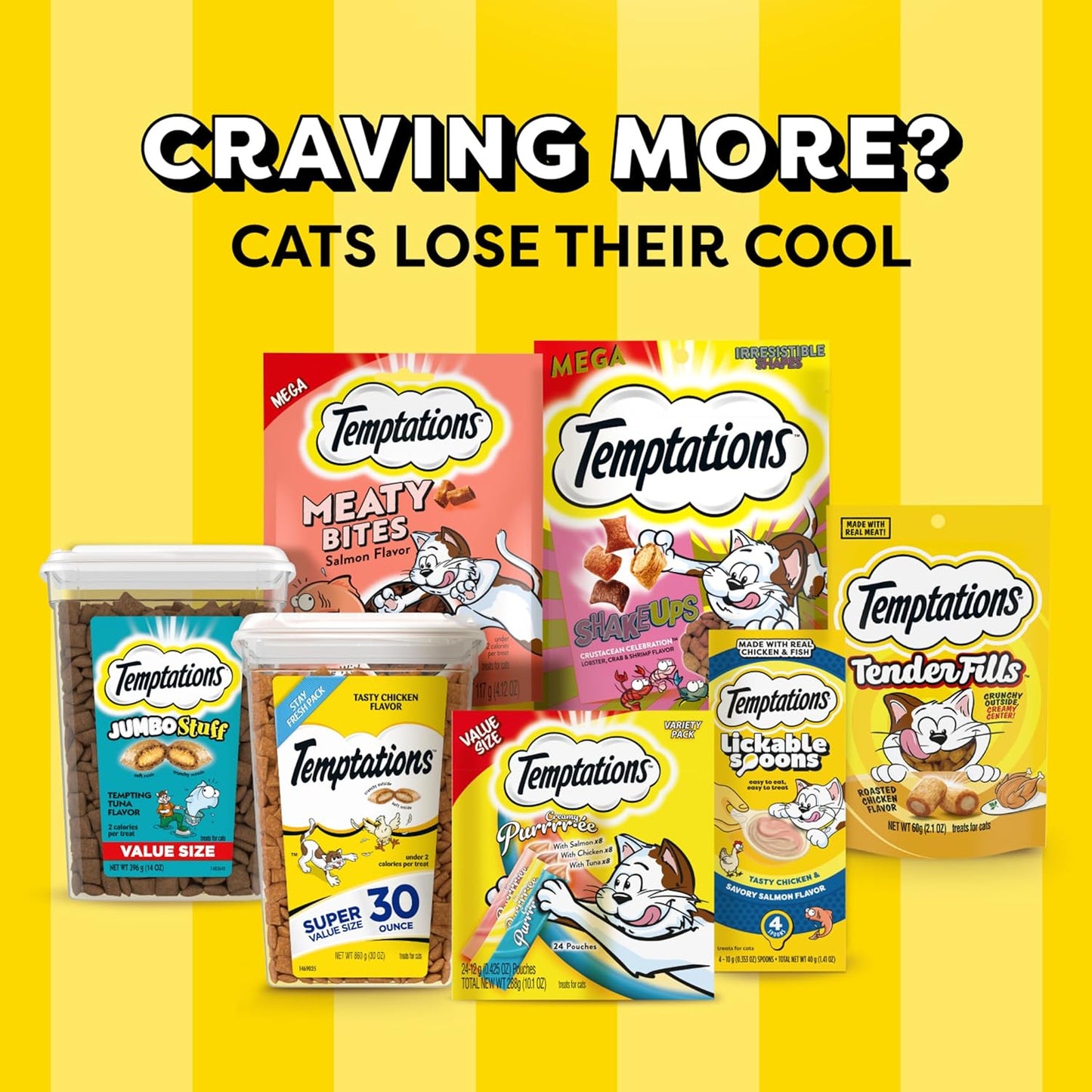Temptations Jumbo Stuffed Cat Treats, Crunchy and Soft Cat Treats, Tempting Tuna Flavor, 14 Oz. Tub