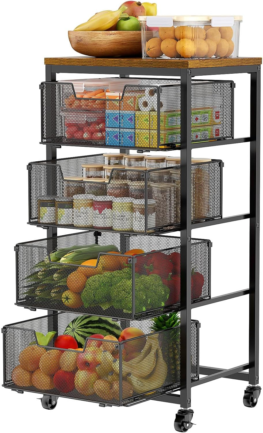 Kitchen Rolling Cart with Drawers, 4-Tier Fruit Vegetable Storage Cart on Wheels with Wooden Top, Kitchen Rolling Storage Rack to Storage Cans Snacks and Potato for Kitchen (Patent Pending)