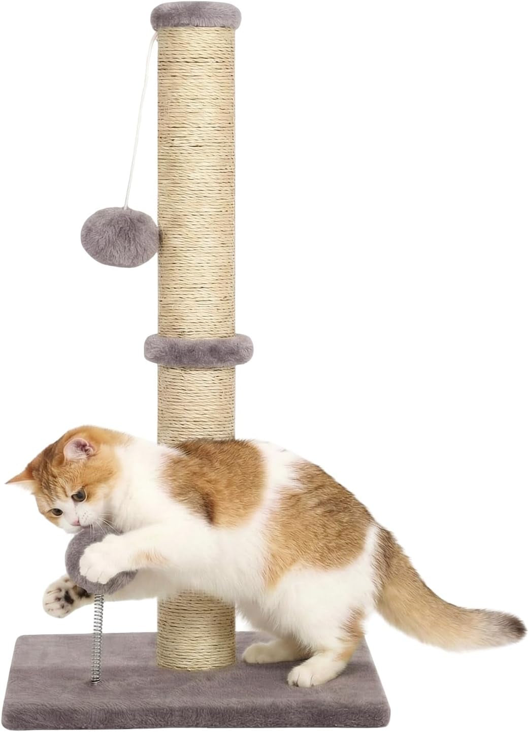 Bestpet 33 Inch Cat Scratching Post, Tall Sisal Rope Scratcher with Hanging Ball for Kittens & Adult Cats, Light Gray