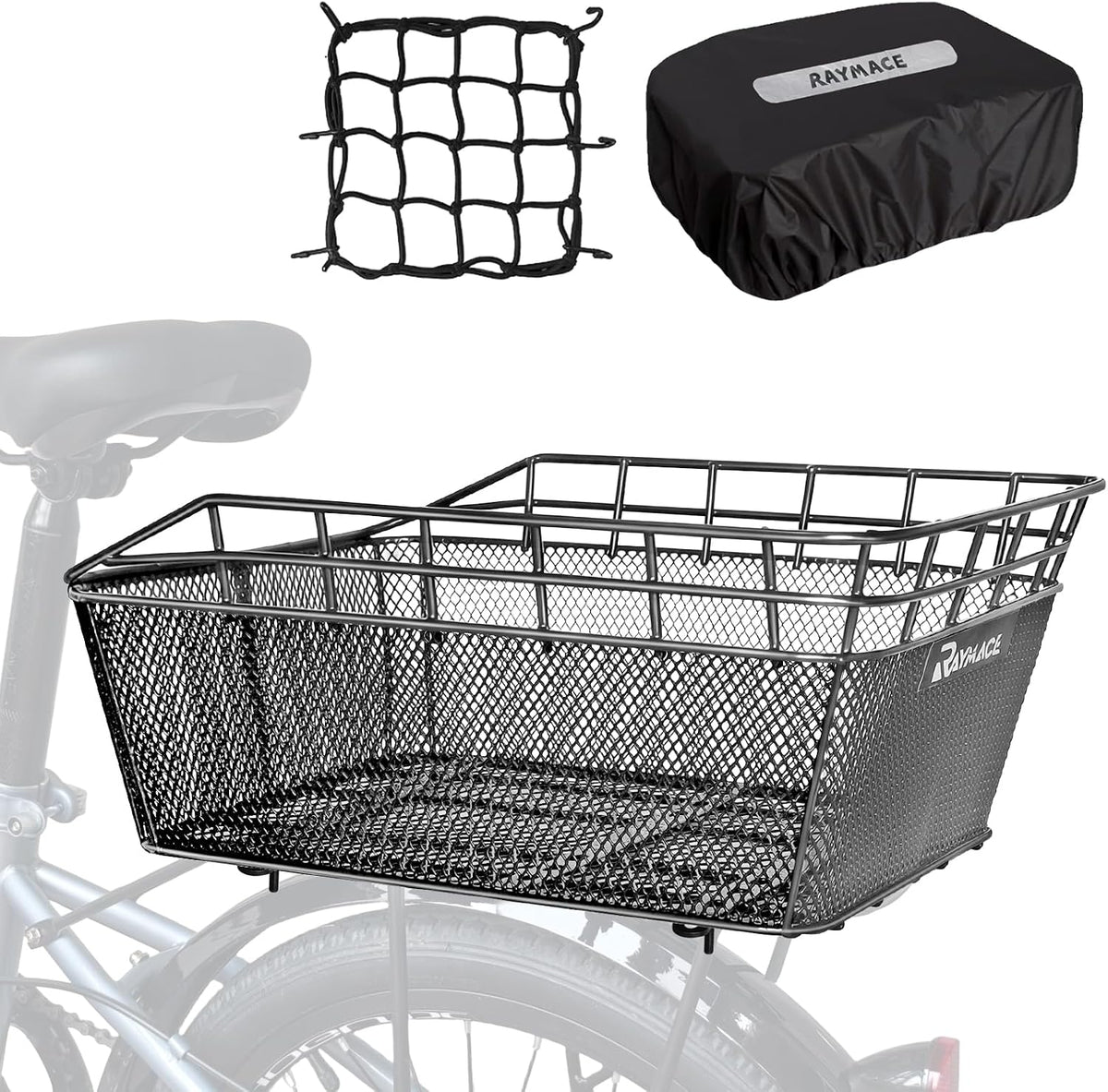 RAYMACE Bike Basket Rear with Cargo Net and Waterproof Cover, Wire Bicycle Basket Large Capacity Storage, Fits for Most Bicycle and Electric Bike with Rear Rack