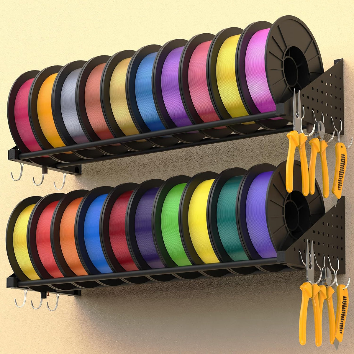 2 Racks 3D Printer Filament Storage Rack Wall Mount Shelf Holds 20 Spools 1Kg Spools Heavy Duty 60Kg Capacity with Pegboard Side Panels Filament Rack 3D Filament Storage Accessories Organizer