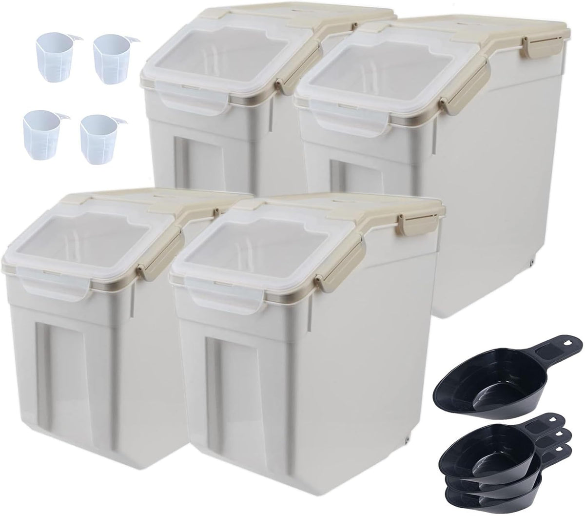 Large Flour Storage Container 25Lb, 4 Pack Airtight Rice Storage Containers with Wheels Seal Locking Lid, Measuring Cup, Scoop, BPA Free Dry Food Bin for Sugar, Beans, Grain - Grey