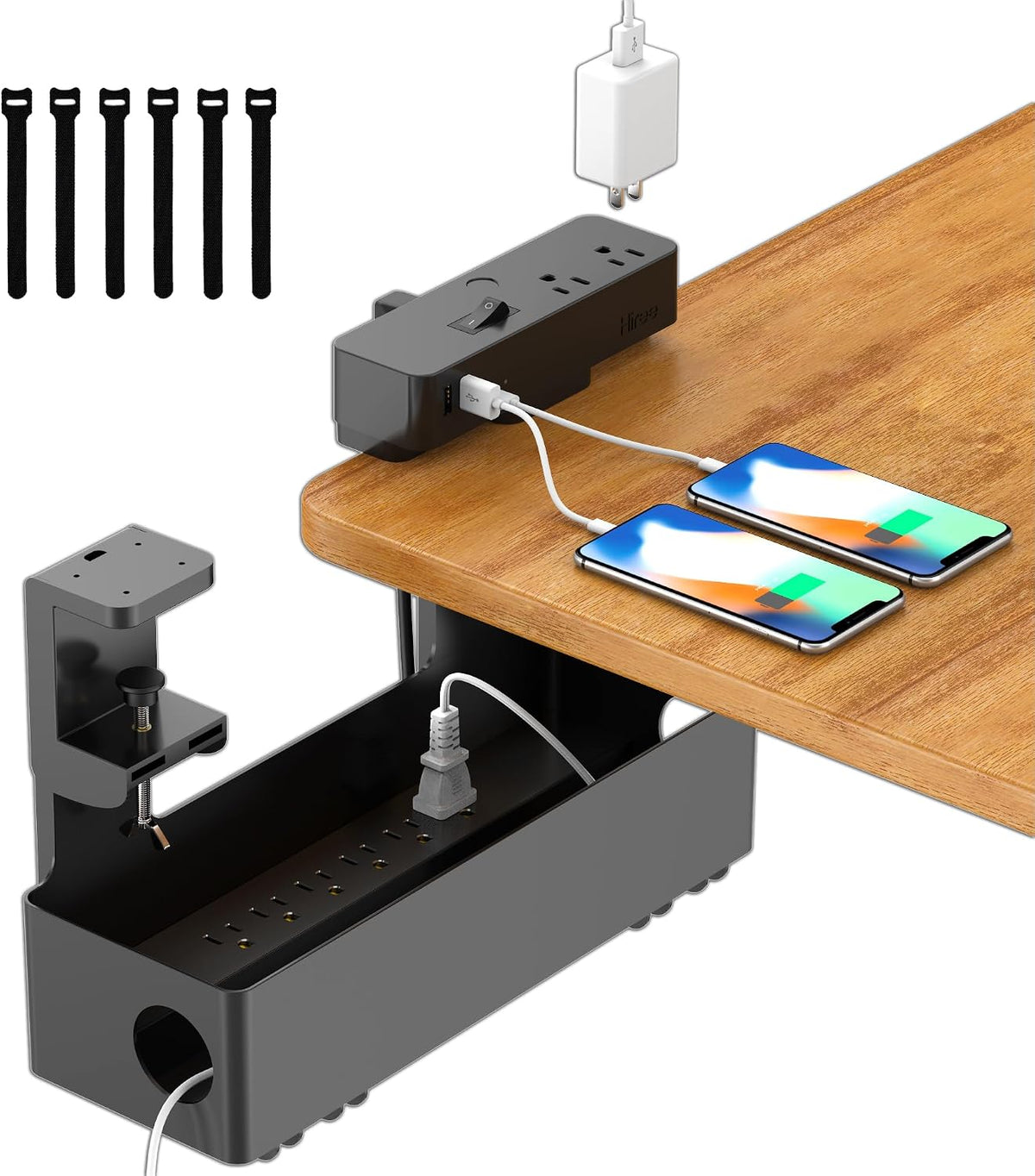 Hiree under Desk Cable Management Tray with Power Strip, 8 AC Outlets, 2 USB Ports & 1 USB-C Port, Clamp Mount Desk Cable Organizer, No Drill Cord Management Tray for Standing Desk, Home Office(Black)