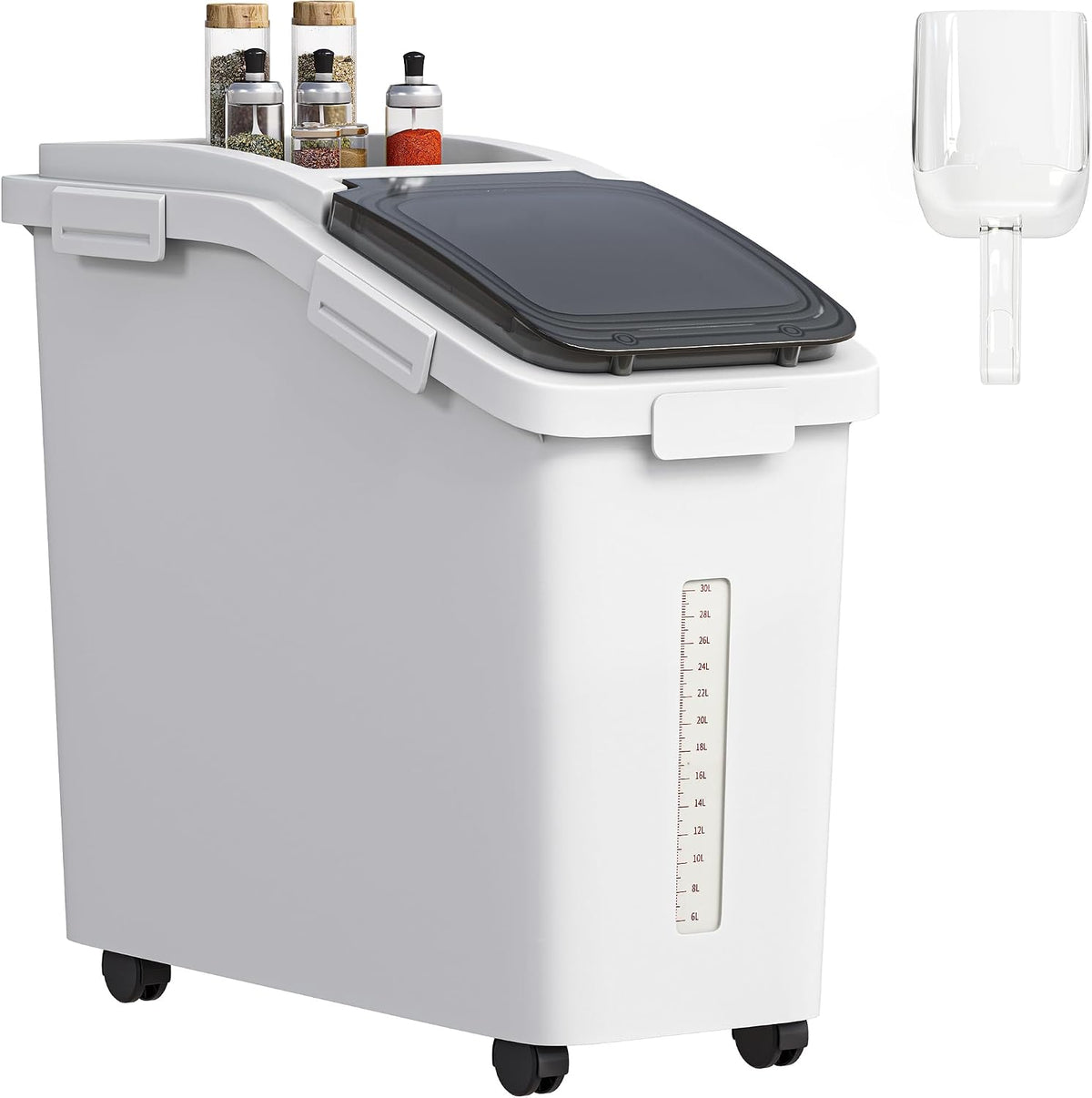 YITAHOME 50L/90Lb Large Ingredient Flour Storage Bin, Commercial 11.4-Gallon Rice Storage Container 280 Cups Bulk Flour Storage Bins with Wheels,Scoop,Lid and Scale, Rice Bin for Kitchen, White