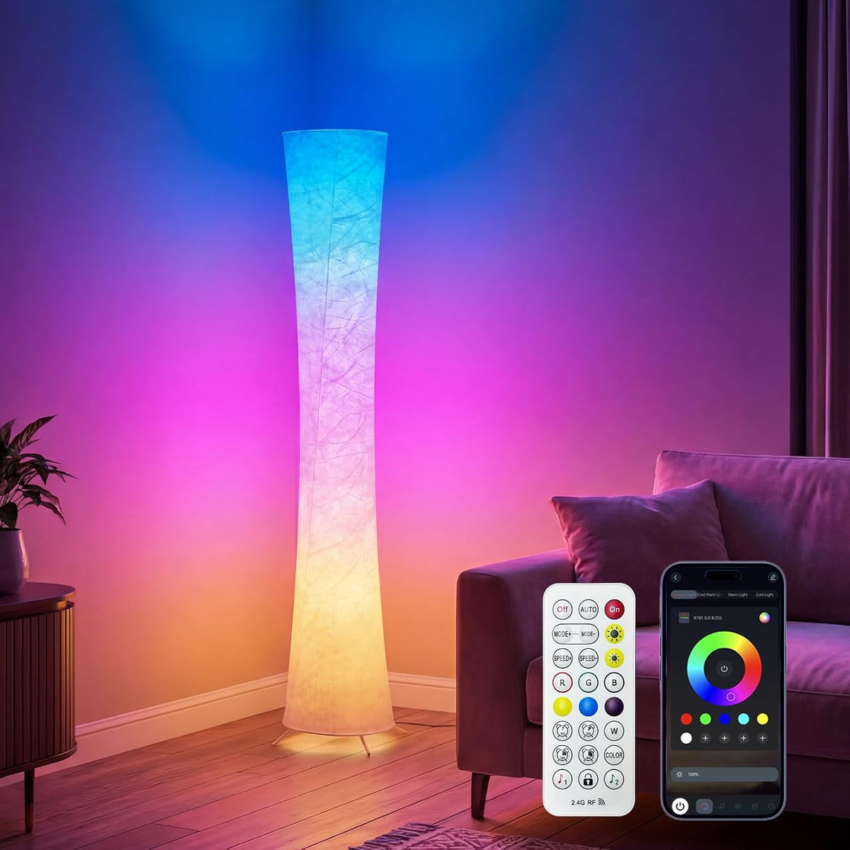 Bright LED RGB Corner Floor Lamp with App & Remote, Music Sync, Round