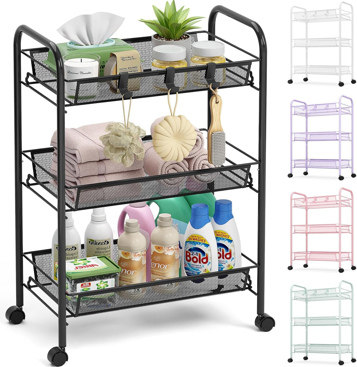 TOOLF 3 Tier Rolling Cart, Metal Utility Storage Cart with Wheels, Black