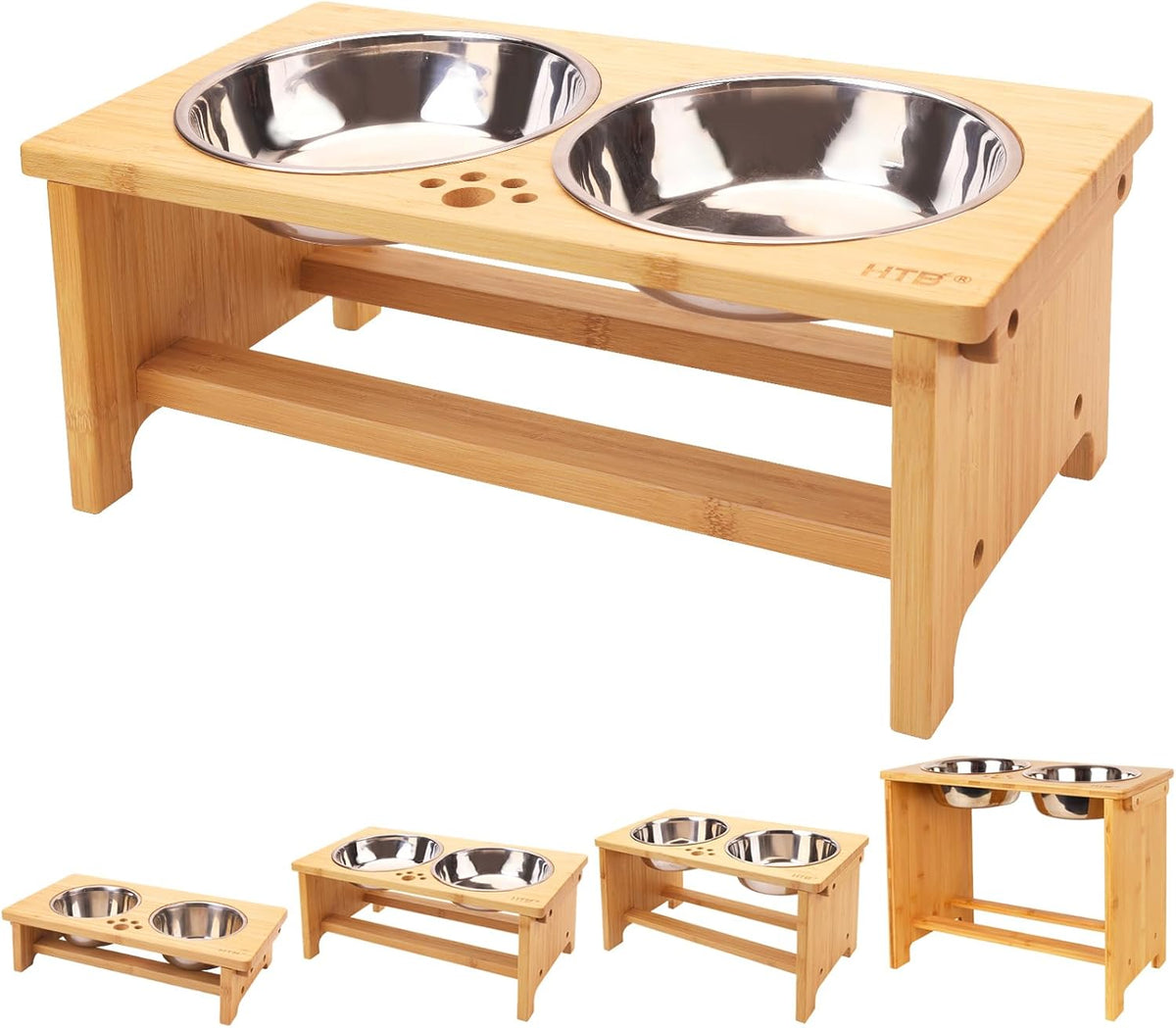 HTB Elevated Dog Bowl Stand with 2 Stainless Steel Bowls-7" H Medium Bamboo