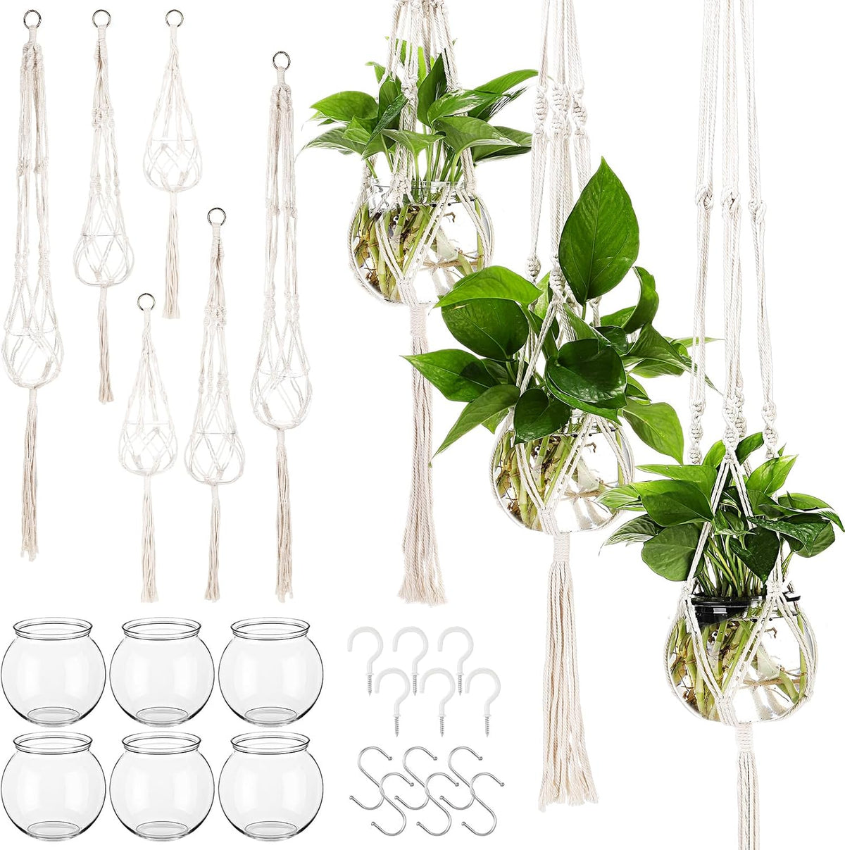 Colingmill 6 Pcs Boho Macrame Plant Hanger with Small Plastic Pot Hanging Plant Holder Wall Planter Propagation Station Include Hooks Kit for Indoor Home Garden Office Decor 3 Size (White)