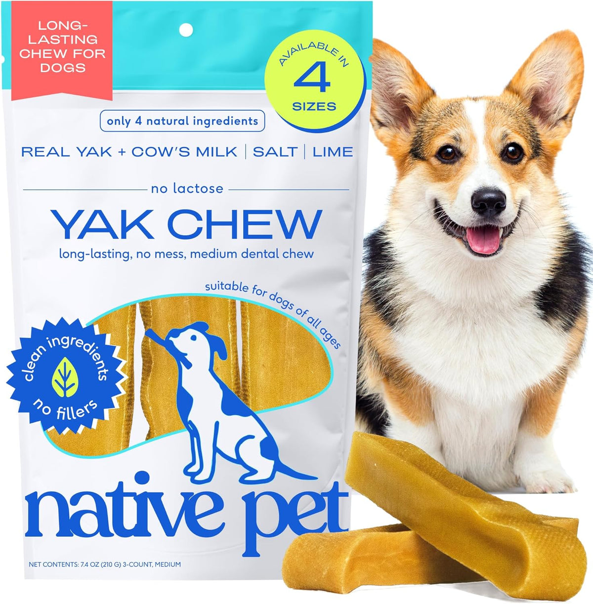 Native Pet Yak Cheese Himalayan Dog Chews - Long Lasting Dental Sticks for Medium Breeds – 100% All Natural Himalayan Yak Chews for Medium Dogs – Cheese Bone for Aggressive Chewers - 3 per Pack